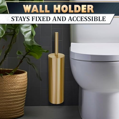 Gold Toilet Brush and Holder Set with Wall Mount - Modern Wall Mounted Toilet Brush Made from Corrosion-Resistant Stainless Steel - Removable Inner Bowl, Splash Protection & Dense Bristles Supplied - color: Gold Wall-mounted