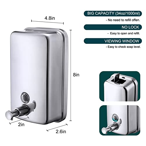 Commercial Soap Dispenser Wall Mount Stainless Steel Manual Liquid Pump Rust-Proof Leak Free for Bathroom (34 fl.oz./1000ml) - size: 34 fl oz