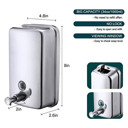 Commercial Soap Dispenser Wall Mount Stainless Steel Manual Liquid Pump Rust-Proof Leak Free for Bathroom (34 fl.oz./1000ml) - size: 34 fl oz