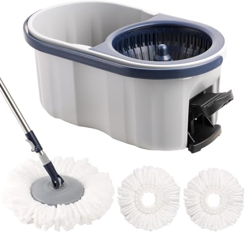 Spin Mop and Bucket Set 180° Swivel Mop Head Adjustable Telescopic Handle Dual Chamber Bucket 3 Refills Dual-Action Wringing Hand-Press Foot-Peda Hands-Free Self-Cleaning System for All Floor Types - color: Pedal Spin Mop Set