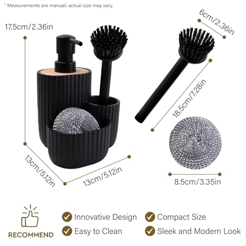 Multifunctional Soap Dispenser, Sponge Holder & Brush Holder – Scrub Daddy Soap Dispenser, 3 in 1 Liquid Hand Dish Soap Dispenser Sink Caddy Organizer for Kitchen Bathroom Countertop black