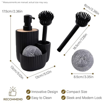 Multifunctional Soap Dispenser, Sponge Holder & Brush Holder – Scrub Daddy Soap Dispenser, 3 in 1 Liquid Hand Dish Soap Dispenser Sink Caddy Organizer for Kitchen Bathroom Countertop black