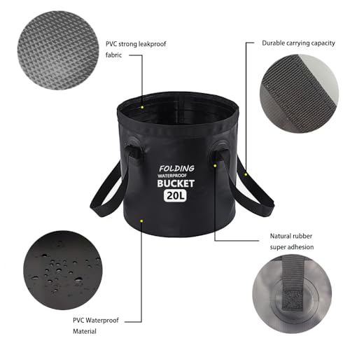 Collapsible Bucket with Handle 5 Gallon Portable Folding Bucket Upgraded Ultra Lightweight Outdoor Basin Pail for Fishing, Camping, Hiking, Car Washing and More (Black, 20L-12L)