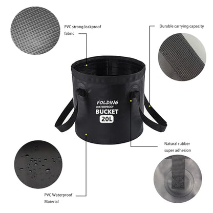 Collapsible Bucket with Handle 5 Gallon Portable Folding Bucket Upgraded Ultra Lightweight Outdoor Basin Pail for Fishing, Camping, Hiking, Car Washing and More (Black, 20L-12L)