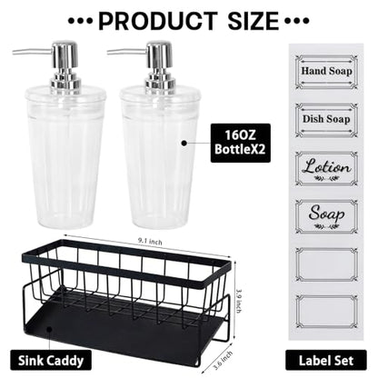 Kitchen Sink Caddy with Dish Soap Dispenser Set,16oz Hand and Dish Soap Dispenser Set with Sponge Holder, 2Pcs Clear Bottle with Pump Large Opening Easy to Fill Kitchen Sink Organizer Countertop