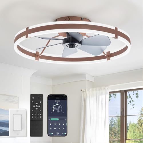 ZMISHIBO 24 Inch Ceiling Fans with Lights and Remote, Modern Low Profile Ceiling Fan, 3000-6000K Dimmable Flush Mount LED Fan Light, 6 Wind Speeds, Fandelier Ceiling Fans for Bedroom- Brown - color: Brown, size: 24 INCH