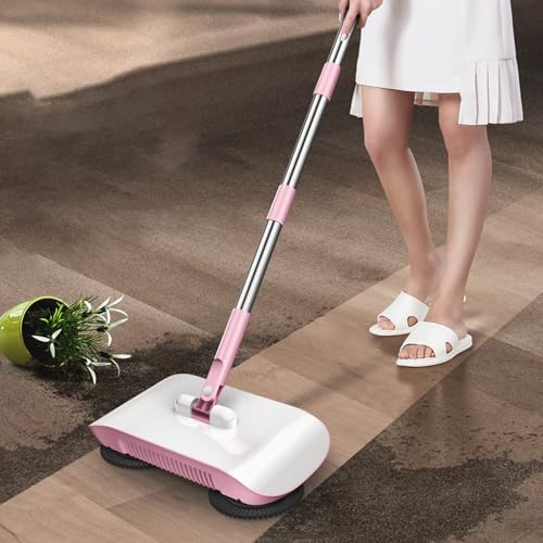 Floor Sweeper, Stainless Steel Dual Brush 180 Degree Rotating Hand Push Sweeper, Non Electric with Sealed Dustbin for Hardwood Tile Marble Floors Pet Hair Dust (Pink) - color: Pink