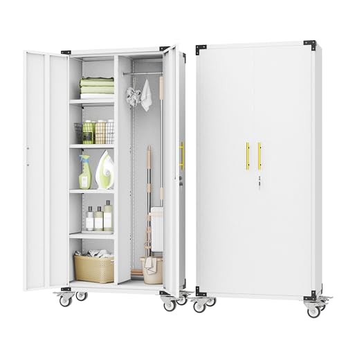 pozdeg Broom Closet Garage Storage Cabinet with Wheels, 71" Metal Cleaning Cabinets with Hooks and Hanging Rods, Tall Freestanding Lockable Tool Utility Cabinet for Home, Office (White) - color: White, size: 71"H - Broom Closet