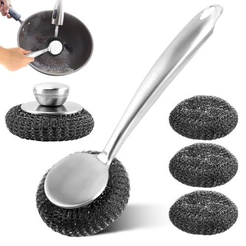 5Pcs Stainless Steel Wool Scrubber Sets, with Long & Short Handle & 3Pcs Detachable Pads, Metal Pot Scrubbers for Cleaning Dishes Iron Pots Stoves