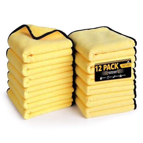 SMINDER 12-Pack Microfiber Cleaning Cloth, Car Drying Towels Car Detailing– XL Microfiber Towels for Cars, Trucks (15.7" x 15.7"), Ultra-Absorbent, Streak-Free, Scratch-Free, No Water Spots