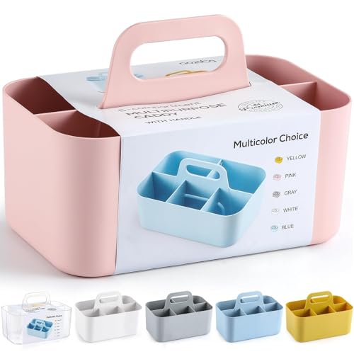 Multiuse Caddy Organizer with Handle, Portable Divided Plastic Tote Bin - Art Craft, Stationary Pen Marker Crayons, Makeup Hair Supplies Storage - Bathroom, Classroom, Dorm, Office, Desk Holder - Pink - color: Pink