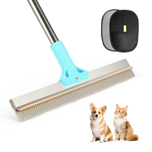 Carpet Rake for Pet Hair Removal, 2 in 1 TPU and Copper Rake Teeth, Adjustable Long Handle, Double-Sided Reusable Dog Cat Fur Remover with Hair Removal Glove, Pet Fur Rake for Rugs, Mats