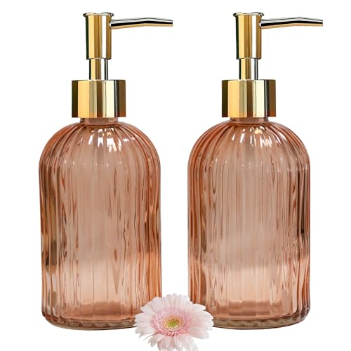 Glass Soap Dispenser with Gold Plastic Pump, 13.5oz Refillable Liquid Hand Soap Dispenser, 2 Pack Crystal Lotion Bottle for Modern Home Decor, Bathroom, Kitchen Countertop, Hotel(Orange) - color: Orange