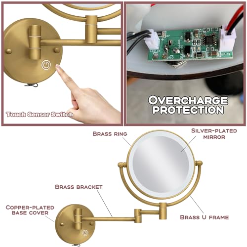 Brass Wall Mounted Makeup Mirror with Lights and Magnification, Rechargeable Lighted Magnifying Mirror Wall Mount with 1X and 5X, Brushed Antique Brass Bathroom Arts Ware - color: Brushed Antique Brass