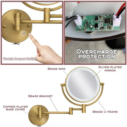 Brass Wall Mounted Makeup Mirror with Lights and Magnification, Rechargeable Lighted Magnifying Mirror Wall Mount with 1X and 5X, Brushed Antique Brass Bathroom Arts Ware - color: Brushed Antique Brass
