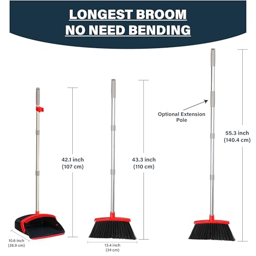 Broom and Dustpan Set 55", Long Adjustable Stainless Steel Handle, Upright, Large Size, Lightweight Broom with Dustpan Combo Set for Home Kitchen Office Lobby Indoor and Outdoor