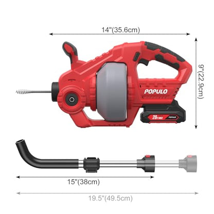 POPULO 20V Cordless Electric Drain Snake, 25Ft Replaceable Cable with 2.0Ah Battery, Extension Tube & Charger, Snake Drain Clog Remover Tool for Toilet, Floor Drain, Sink and Shower 3/4"-2" Pipe - style: 25ft Toilet - Red