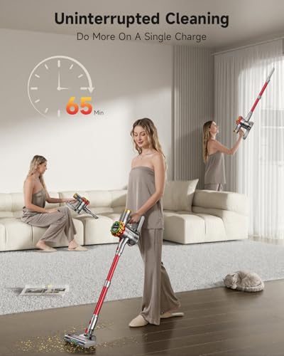 Cordless Vacuum Cleaner, 185AW Powerful Vacuum Cleaner for Home, 65 Mins Stick Vacuum with Self-Stand Design, Anti-Tangle, Lightweight Vacuum Cordless for Hardwood Multi-Surface Floor Carpet Pet Hair