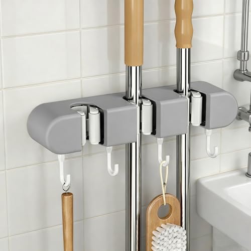 1 Pcs Mop Holder Wall Mount Organizer with 3 Clip 4 Hook Cleaning Tool Storage Rack for Kitchen Closet for Partner(Grey) - color: Grey 3 clip 4 hook