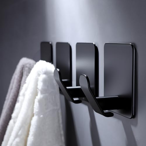 DELITON 4 Pack Adhesive Hooks - Towel Hook for Hanging Towels, Clothes and Bags, Matte Black Stainless Steel, Stick on Wall for Bathroom and Kitchen - color: Carbon Black