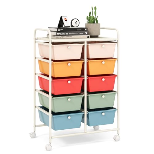 LDAILY 10 Drawer Rolling Cart, Storage Cart Organizer on Wheels, Drawer Cart with Metal Frame & Large Storage Capacity, Rolling Cart with Drawers for Living Room Classroom, Office - color: Macaron, size: 10 Drawer