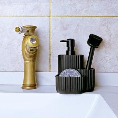Multifunctional Soap Dispenser, Sponge Holder & Brush Holder – Scrub Daddy Soap Dispenser, 3 in 1 Liquid Hand Dish Soap Dispenser Sink Caddy Organizer for Kitchen Bathroom Countertop black
