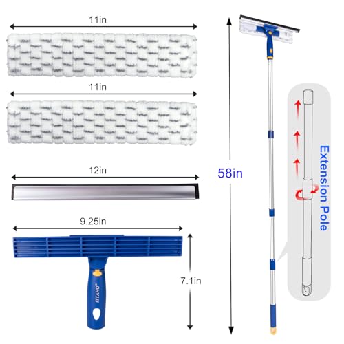 Squeegee for Window Cleaning with Extendable Pole, 53" 2-in-1 Window Cleaning Tool Kit, Shower Squeegee with Long Handle, Indoor/Outdoor High Window Cleaning-Two Pads - size: 53"