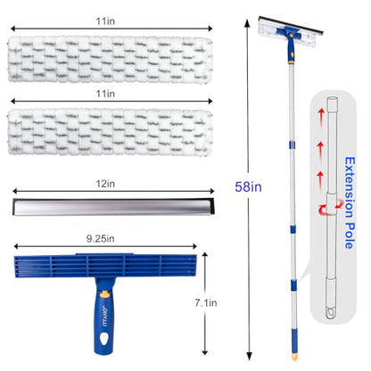 Squeegee for Window Cleaning with Extendable Pole, 53" 2-in-1 Window Cleaning Tool Kit, Shower Squeegee with Long Handle, Indoor/Outdoor High Window Cleaning-Two Pads - size: 53"