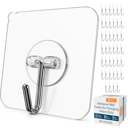 GLUIT Adhesive Wall Hooks for Hanging Heavy Duty 22 lbs Hooks for Walls No Damage, Towel Sticky Clear Hooks, Waterproof, Home, Bathroom, Kitchen, Office, and Outdoor, 40 Pack - size: Medium, 40 pcs
