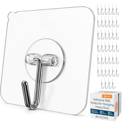 GLUIT Adhesive Wall Hooks for Hanging Heavy Duty 22 lbs Hooks for Walls No Damage, Towel Sticky Clear Hooks, Waterproof, Home, Bathroom, Kitchen, Office, and Outdoor, 40 Pack - size: Medium, 40 pcs