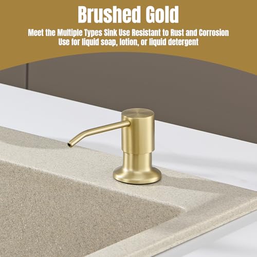 Built in Soap Dispenser for Kitchen Sink Countertop, Brushed Gold Stainless Steel Soap Dispenser Pump Head Refill from the Top with 11 Ounce Transparent Soap Bottle - color: Gold