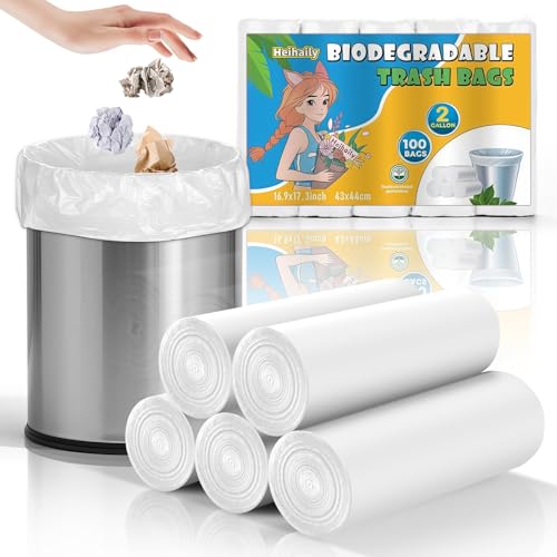 Small Trash Bags Compostable 2 Gallon - Unscented Biodegradable Garbage Bag Recycling Strong Thick Leak-Proof Bulk 5 Rolls 100 Count Mini Wastebasket Liners for Home Office Heihaily - style: Bio-2gal-White100