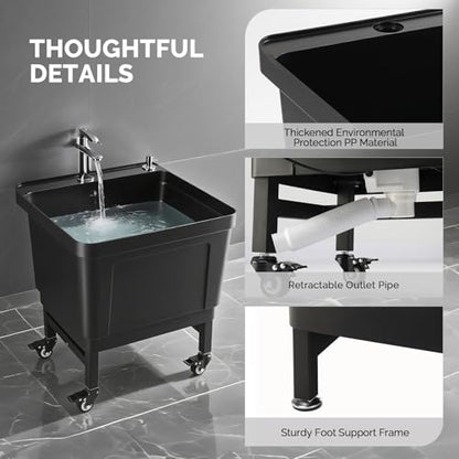 ROVSUN Commercial Mop Sink on Wheels, Plastic Floor Mop Slop Sink, Black Freestanding Mobile Utility Sink for Restaurant, Office, Business, Outdoor, Indoor Use, 19.7L x 18.8W x 22.3H inch