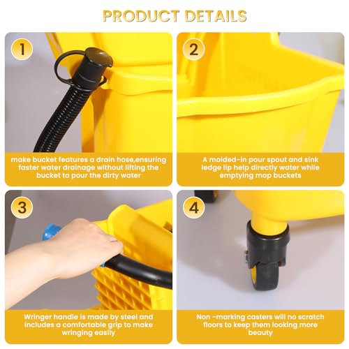 35-Quart Commercial Mop Bucket with Side Press Wringer on Wheels | Floor Cleaning , Including Commercial Mop and Mop Head Replacement,Yellow