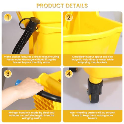 35-Quart Commercial Mop Bucket with Side Press Wringer on Wheels | Floor Cleaning , Including Commercial Mop and Mop Head Replacement,Yellow