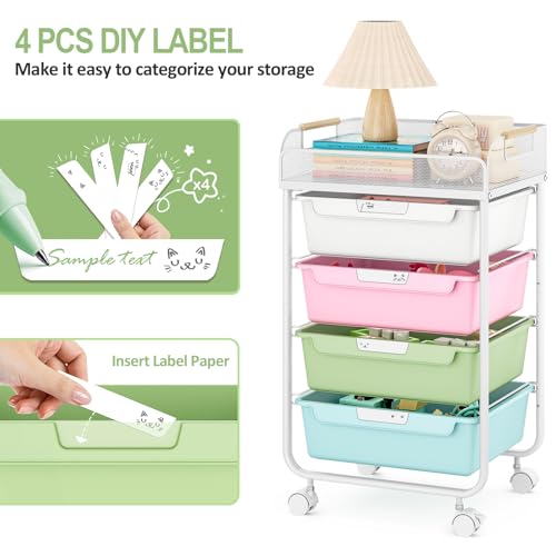 SYKIARIOL Rolling Cart with 4 Drawers,4 Tiers Rolling Utility Cart Craft Cart,Rolling Storage Drawer Cart with Mesh Top,Storage Cart with Drawers & 4 PCS DIY Lable, Classic Colorful