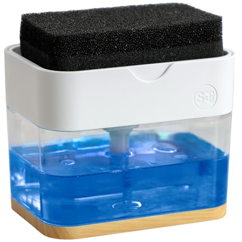 S&T INC. Dish Soap Dispenser and Sponge Holder for Kitchen Sink, Waterproof Labels and Sponge Included, 13 Ounces, Plastic, White and Bamboo - color: White and Bamboo