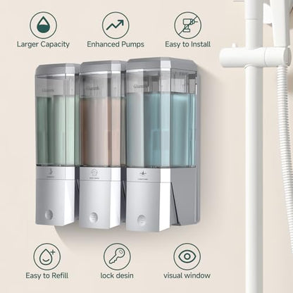 Shampoo and Conditioner Dispenser 3 Chamber No Drill Shower Soap Dispenser Wall Mounted Shampoo Conditioner Body Wash Dispenser 3 * 500ml Refillable Shower Dispenser for Bathroom Hotel, Silver - color: Silver 3 Chamber