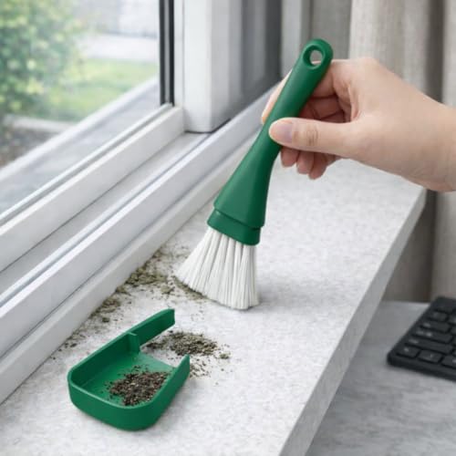 Crevice Cleaning Brush with Dustpan, Mini Dust Pans for Window Tracks, Sliding Door Rails, Scrubber Cleaning Tool for Key Board, Green - color: Green
