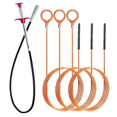 Hair Catcher Drain Auger Cleaner Tool Set - 3 × 53 Inch Sink Snake + 1 × 35 Inch Drain Clog Remover, Set For Toilet, Kitchen Sink, Bathroom Tub, Sewer，4 Pack