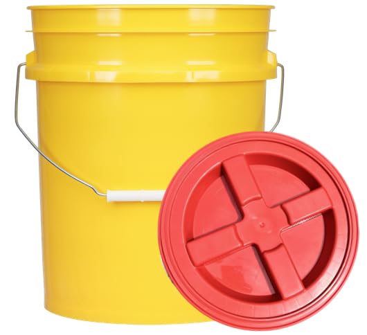House Naturals 5 Gallon Plastic Yellow Food Grade BPA Free Made in USA Bucket Pail with Air Tight Double Gasket Screw on Lid(Pack of 3) (Yellow and Red lids) - color: Yellow and Red Lids