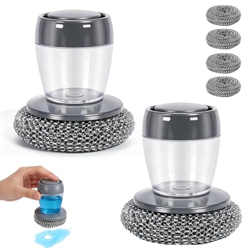 2026 New Soap Dispensing Dish Brush,Comfort Grip Soap Dispensing Kitchen Scrub,Built-in Liquid Dispenser, with Replaceable Nylon/Wire Bristles for One-Hand Use (4 Steel Wire Brush + 2 Accessories)