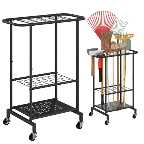 Garden Tool Organizer with Wheels, Yard Tool Rack Heavy Duty Steel Tool Organizer and Storage Holder Broom Holder for Garage, Shed, Patio, Indoor/Outdoor - style: Rack with Wheels