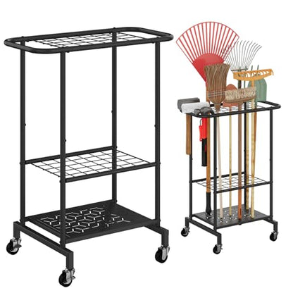 Garden Tool Organizer with Wheels, Yard Tool Rack Heavy Duty Steel Tool Organizer and Storage Holder Broom Holder for Garage, Shed, Patio, Indoor/Outdoor - style: Rack with Wheels