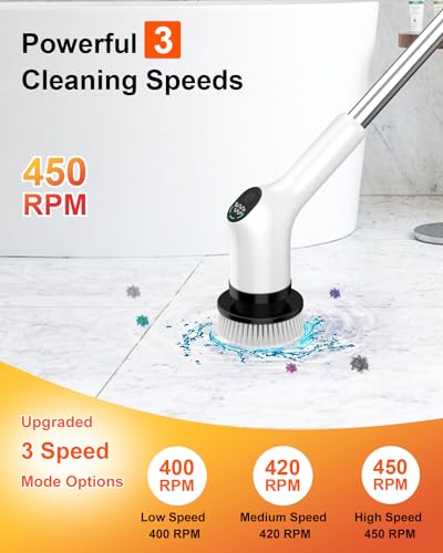 Electric Spin Scrubber, 2024 Upgrade Cordless Shower Scrubber with 8 Replaceable Brush Heads and 3 Adjustable Speeds, LED Display and Extension Handle,Power Cleaning Brush for Bathroom Tub Grout Floor