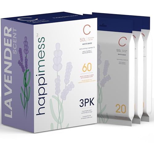 happimess 13.2 Gallon (50L) Drawstring Trash Bags, Lavender Scent, White, Heavy Duty MDPE Liners for Kitchen and Household, Odor Control, Custom Fit 60 Count (3-Packs of 20 Liners) HPM3101C-WHITE - color: White (Lavender Scented), size: 60 Count (Pack of