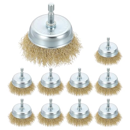 DTGN 3 Inch Wire Cup Brush for Drill - 10 Pcs - Coarse Brass-Plating Crimping Drill Wire Brush(0.012" Brass-Plating Wires) - 1/4 Inch Hex Shank - Good for Cleaning Rust Paint Abrasive