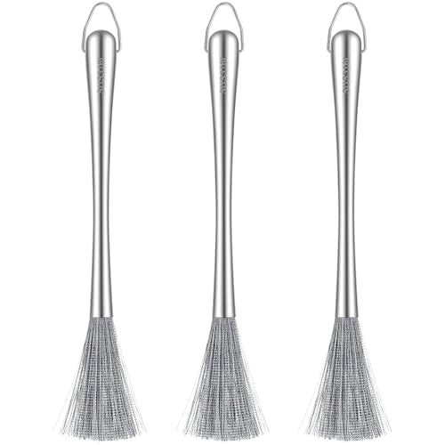 3 Pieces Stainless Steel Dish Brush with Handle, Metal Steel Wool Scrubber for Cast Iron, Cookware, Pot, Pan, Grill, Griddle, Stoves, Sink, Kitchen Scrub Brush for Cleaning