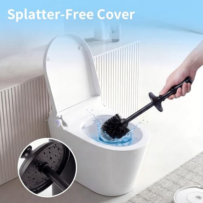 ROLABAM Toilet Cleaner Brush Set, Heavy Duty Anti-Tip Metal Base, Rustproof Freestanding Toilet Bowl Brush with Long Handle & Splash Guard, Modern Bathroom Cleaning Accessories - color: Black-2
