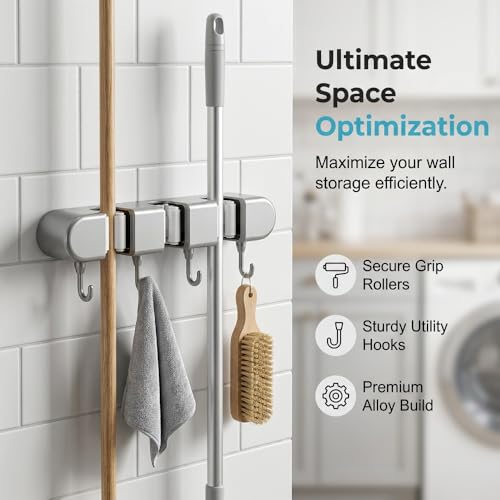 Wall Mounted Mop and Broom Holder, 4 Racks with 5 Hooks, Vacuum Suction Cup Design, Rust-Proof ABS Organizer for Kitchen Bathroom Garage Laundry Room (Grey)